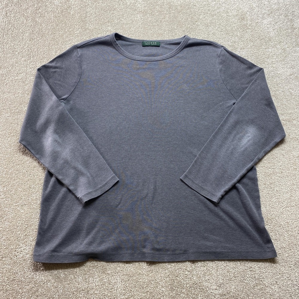 Lauren Ralph Lauren Top Womens XL Gray Long Sleeve Ribbed Crew Neck RL Logo